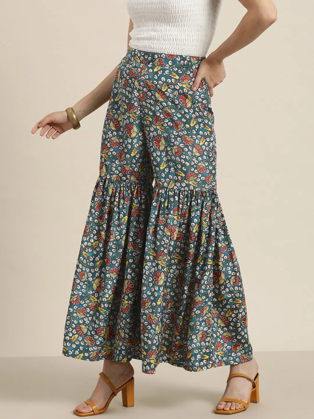 Teal Floral Gathered Sharara Pants | Ethnic Palazzo Pants