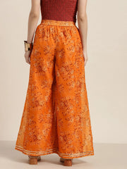 Women Mustard Floral A Line Pants