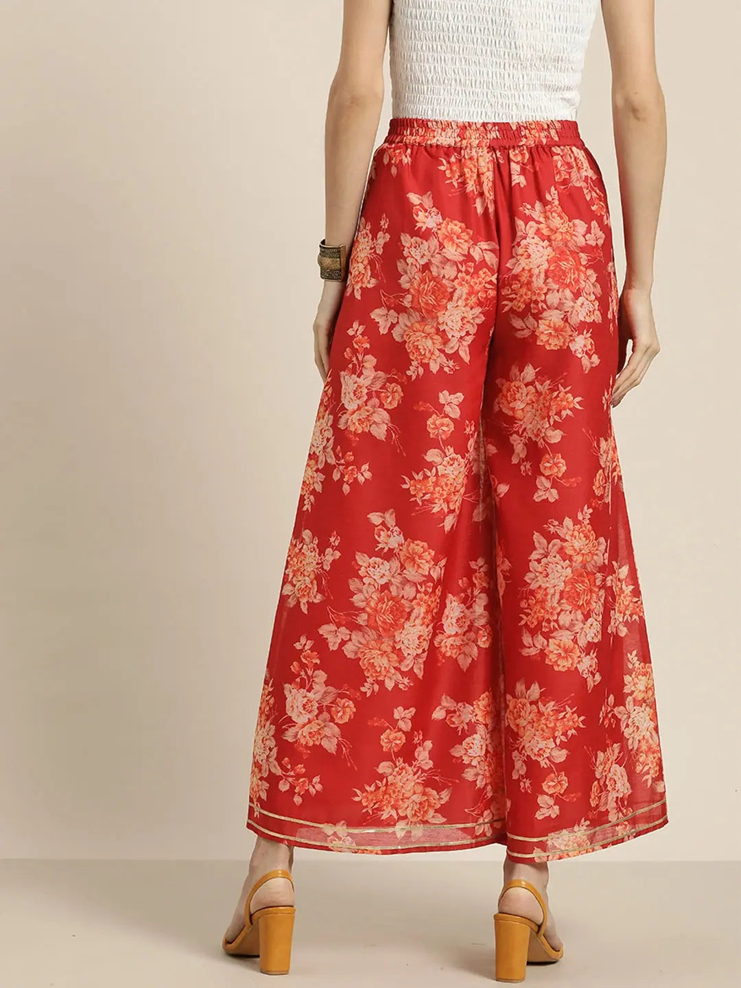 Red Floral A Line Pants | Wide Leg Palazzo Pants for Women