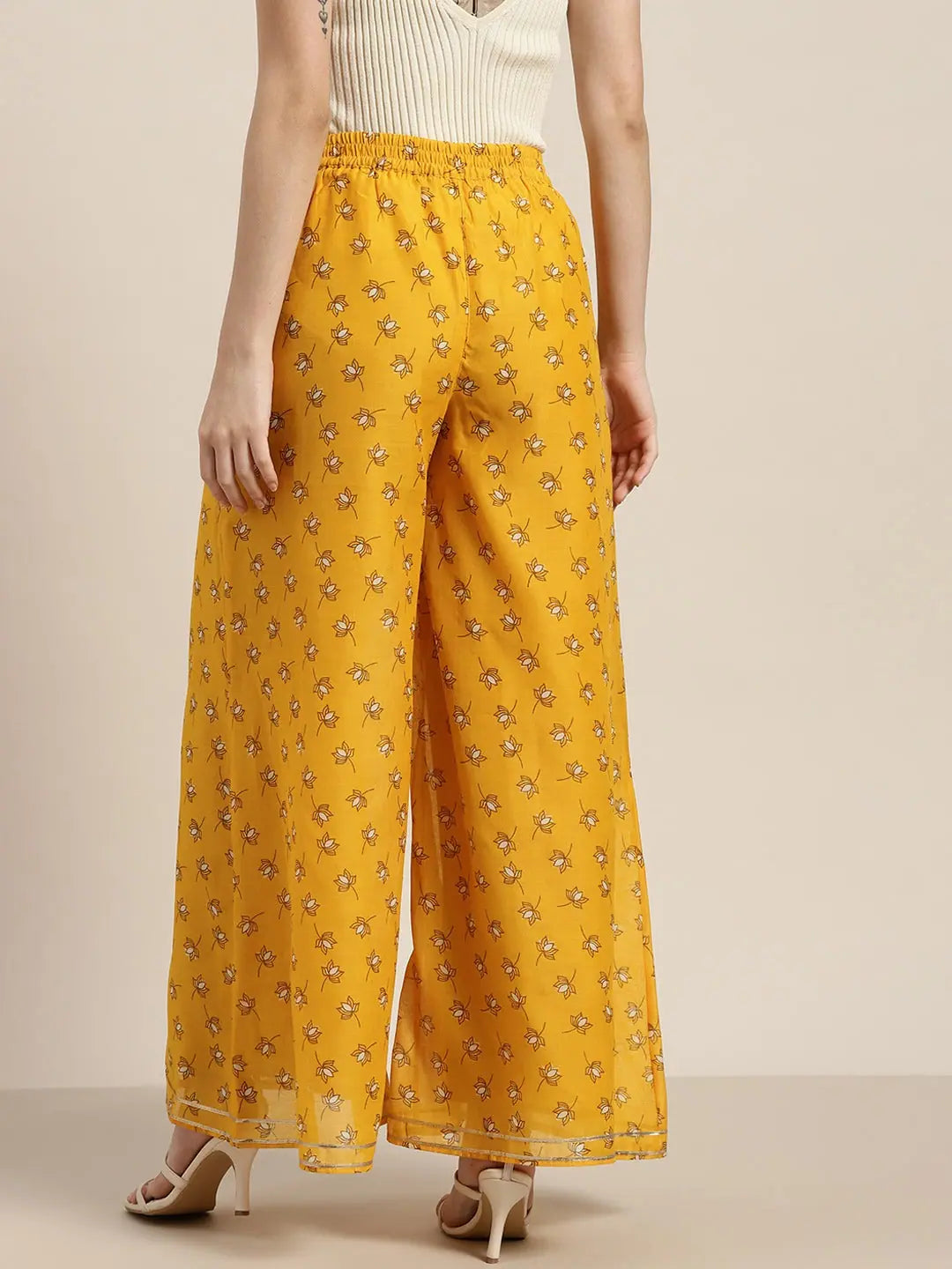 Yellow Lotus Flared Palazzo Pants | Women's Wide Leg Trousers