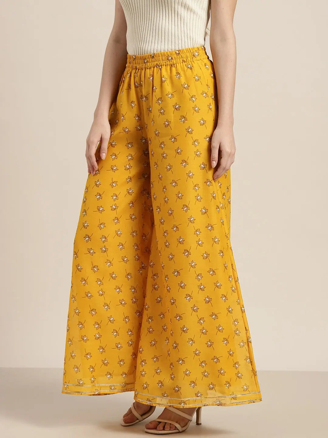 Yellow Lotus Flared Palazzo Pants | Women's Wide Leg Trousers