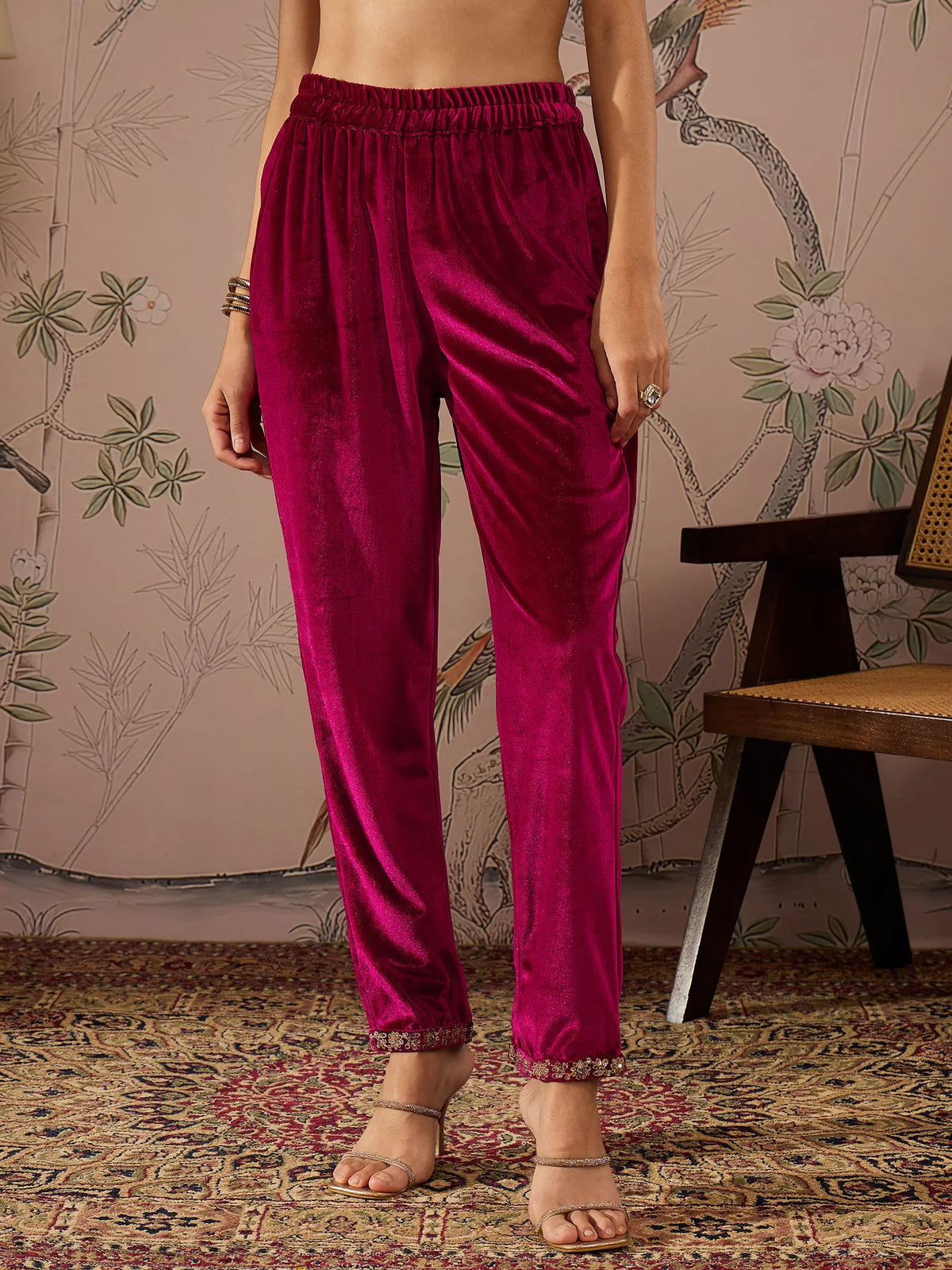 Women Fuchsia Velvet Elasticated Straight Pants-SHPAN50988