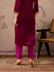 Women Fuchsia Velvet Elasticated Straight Pants-SHPAN50988