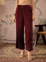 Women Maroon Velvet Elasticated Straight Pants-SHPAN50989