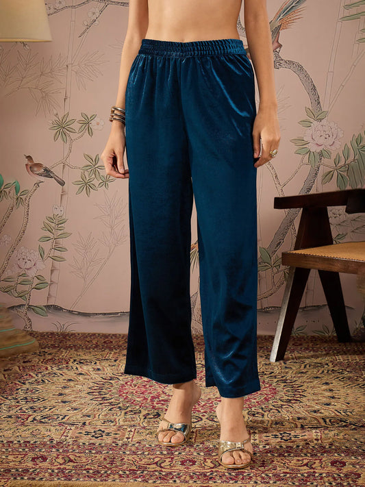 Women Teal Velvet Elasticated Straight Pants-SHPAN50990 1500