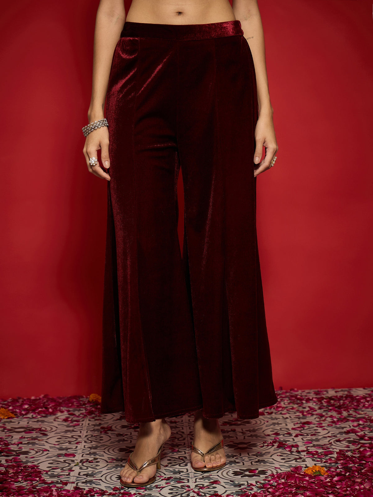 Women Maroon Velvet Flared Palazzos-SHPAN51056