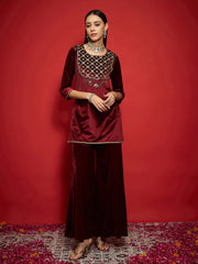 Women Maroon Velvet Flared Palazzos-SHPAN51056
