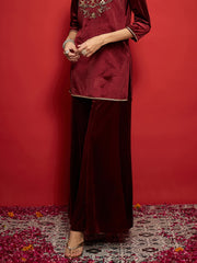 Women Maroon Velvet Flared Palazzos-SHPAN51056