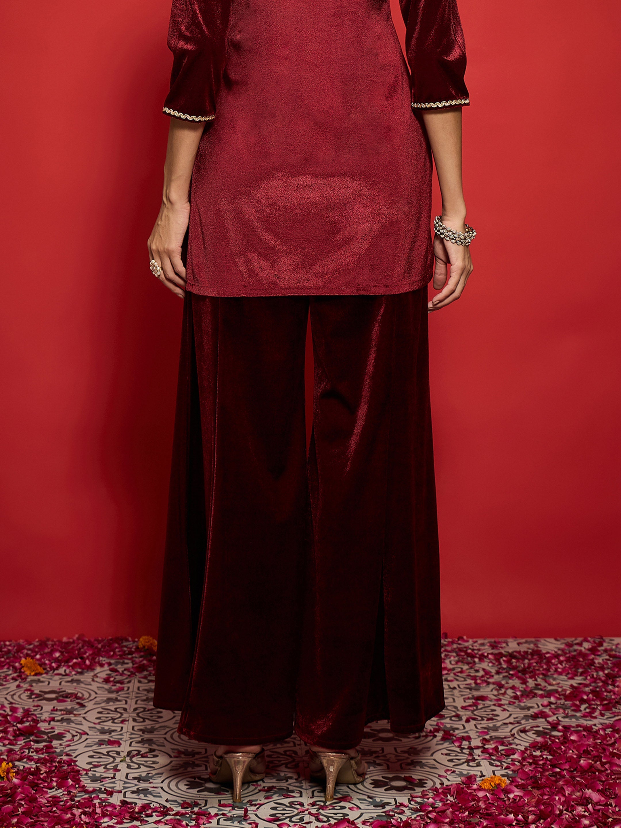 Women Maroon Velvet Flared Palazzos-SHPAN51056