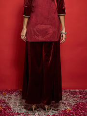 Women Maroon Velvet Flared Palazzos-SHPAN51056
