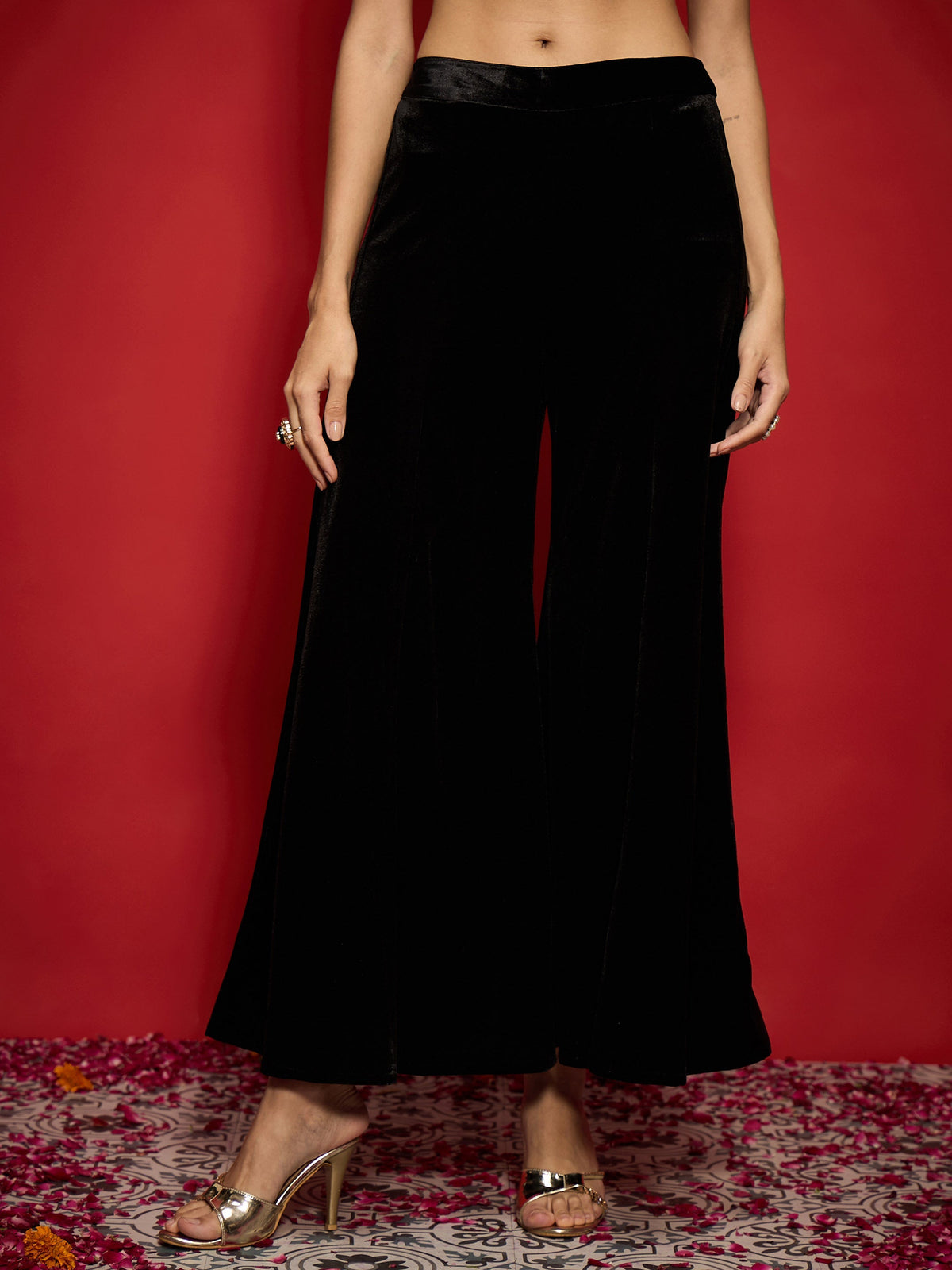 Women Black Velvet Flared Palazzos-SHPAN51057