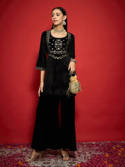 Women Black Velvet Flared Palazzos-SHPAN51057