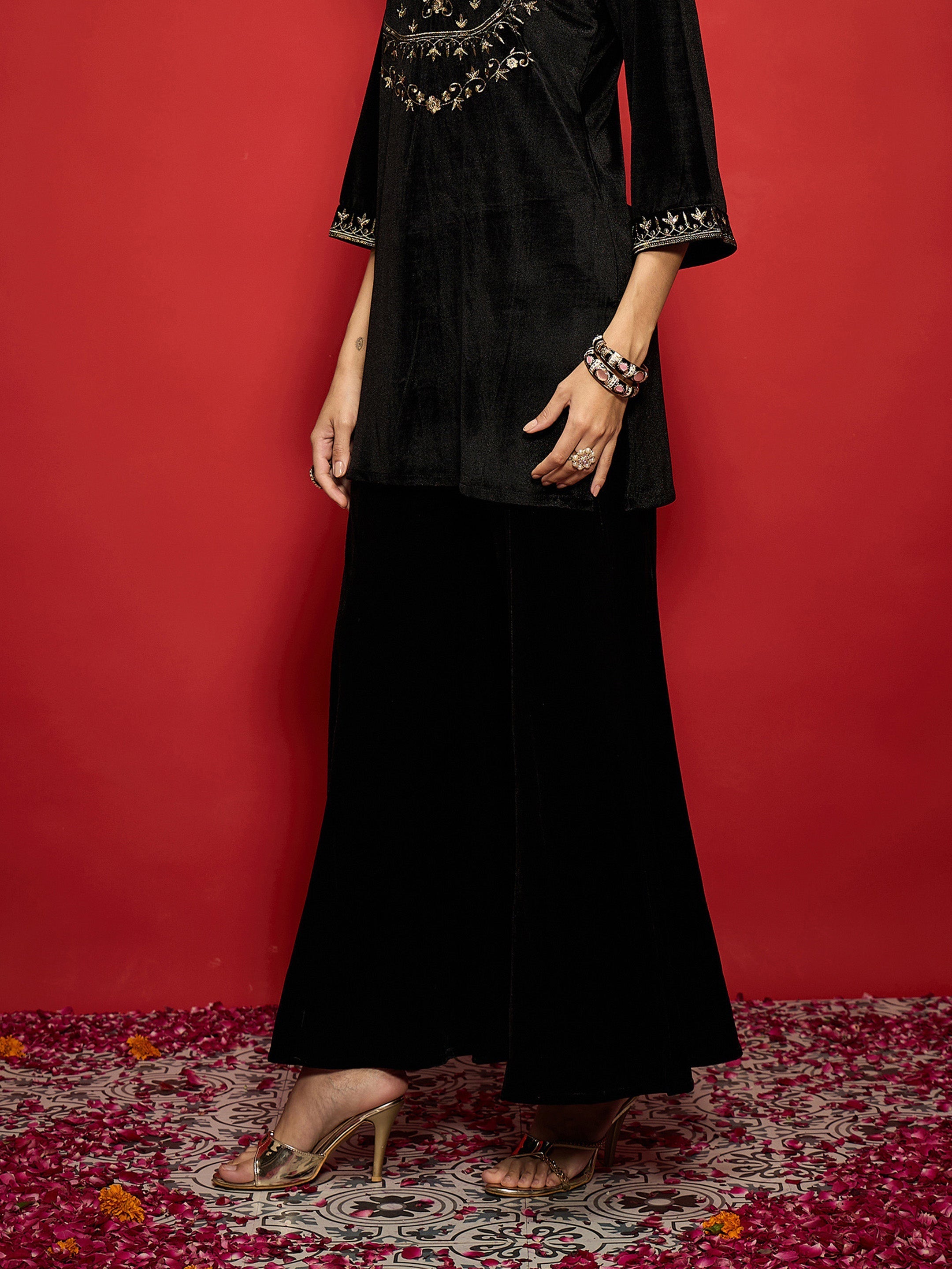 Women Black Velvet Flared Palazzos-SHPAN51057