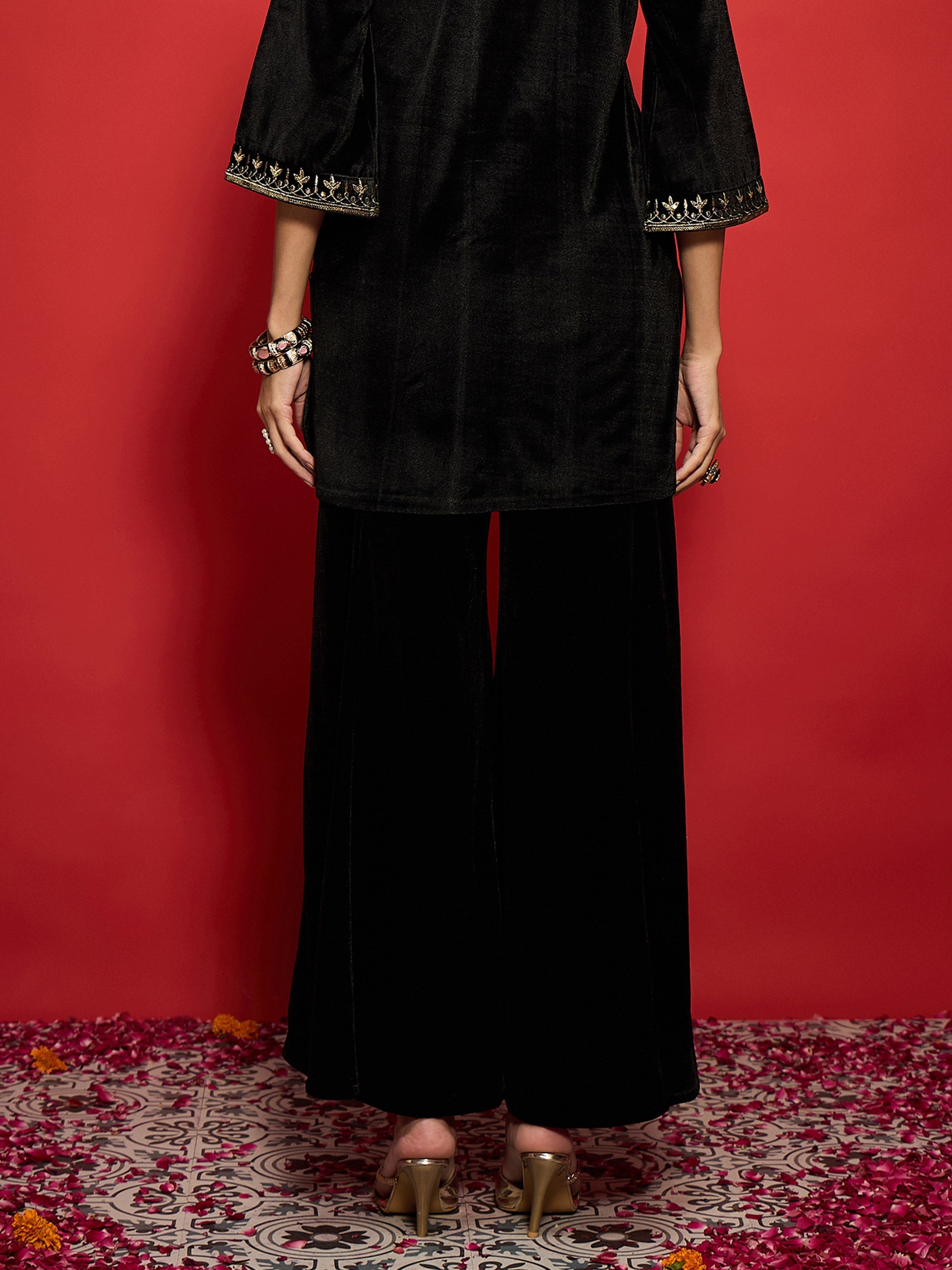 Women Black Velvet Flared Palazzos-SHPAN51057