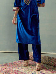 Women Royal Blue Velvet Elasticated Pants-SHPANT50947