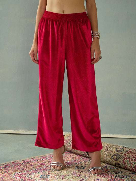 Women Red Velvet Elasticated Pants-SHPANT50947 1500