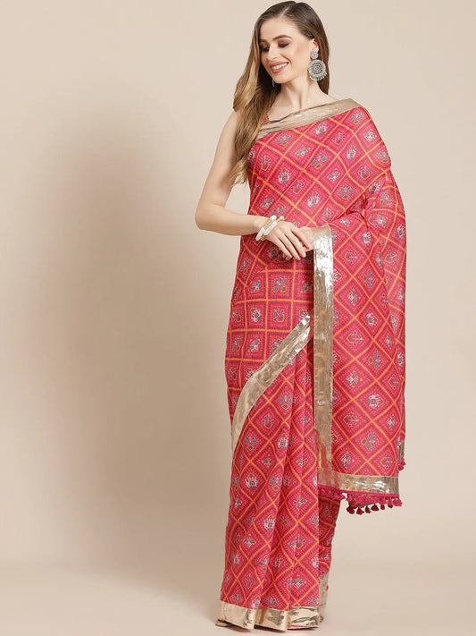 Women Pink Patola Saree With Pink Unstitched Blouse 1080