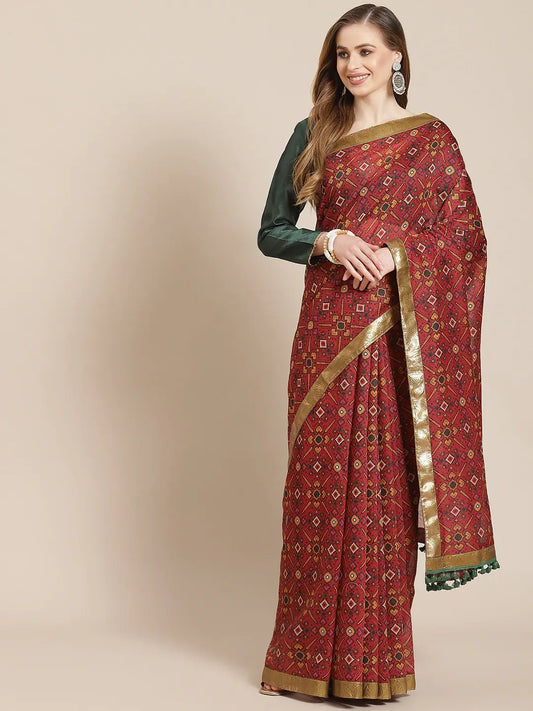Women Maroon Patola Saree With Green Unstitched Blouse 1080