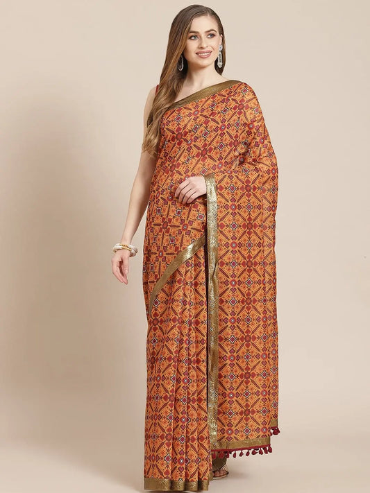 Women Mustard Patola Saree With Maroon Unstitched Blouse 1080