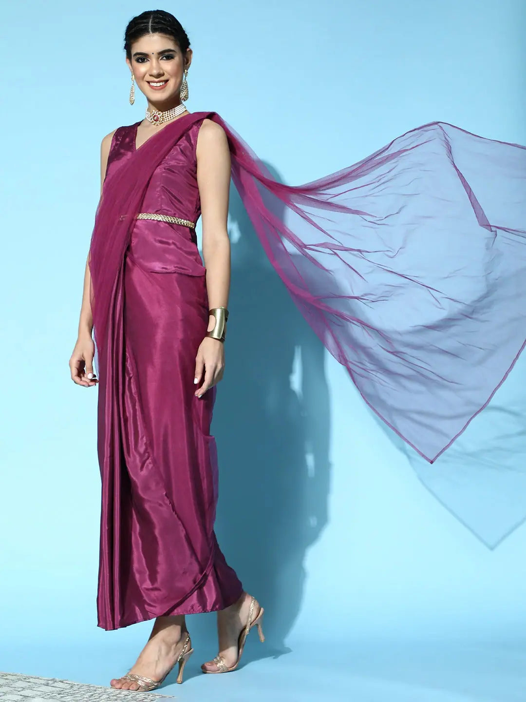 Burgundy Draped Saree with Belt | Indian Wedding Sarees