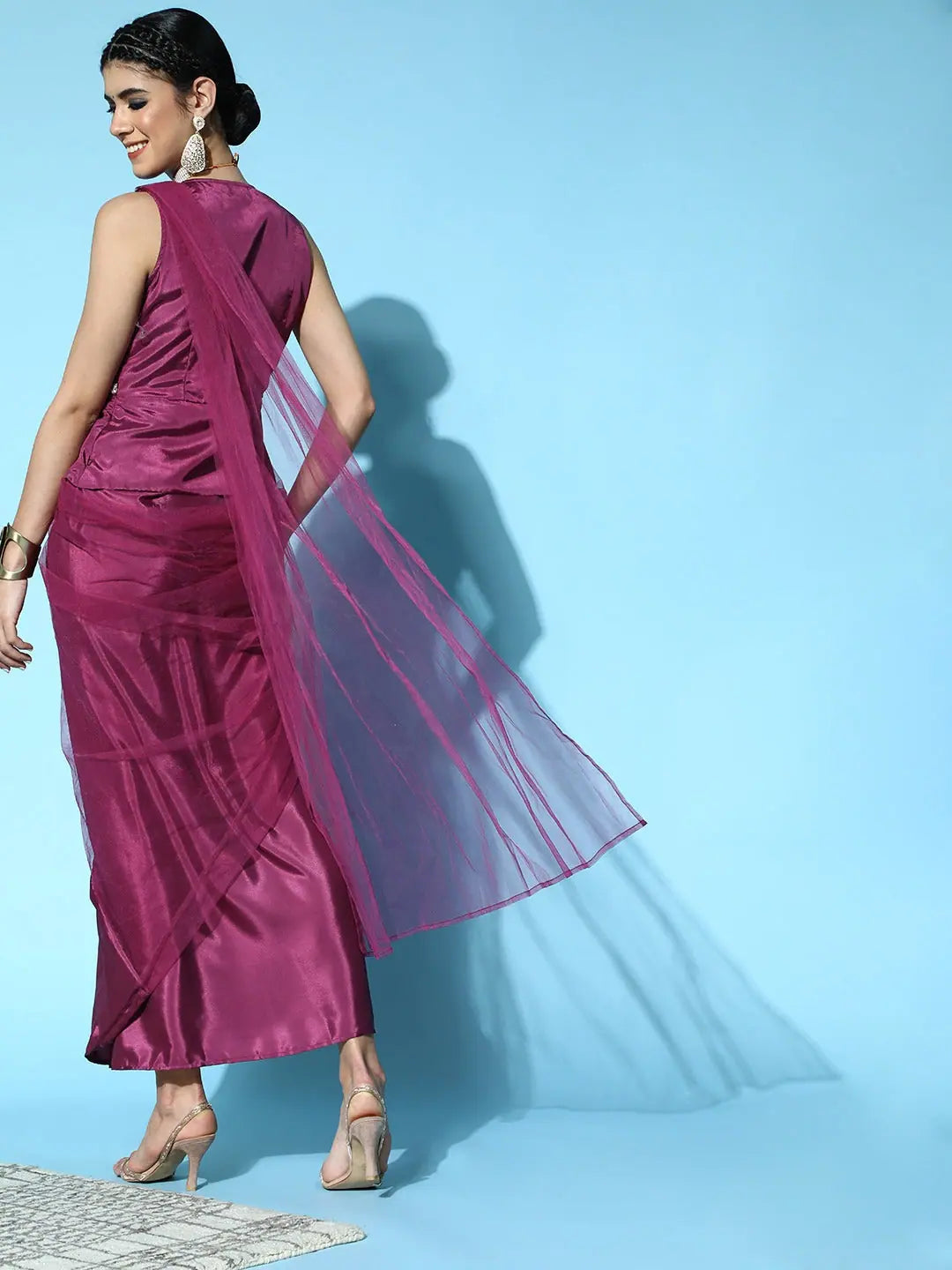 Burgundy Draped Saree with Belt | Indian Wedding Sarees
