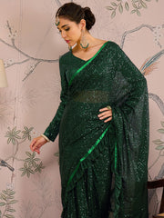 Women Green Sequins RTW Draped Saree With Unstitched Blouse-SHSAR19047