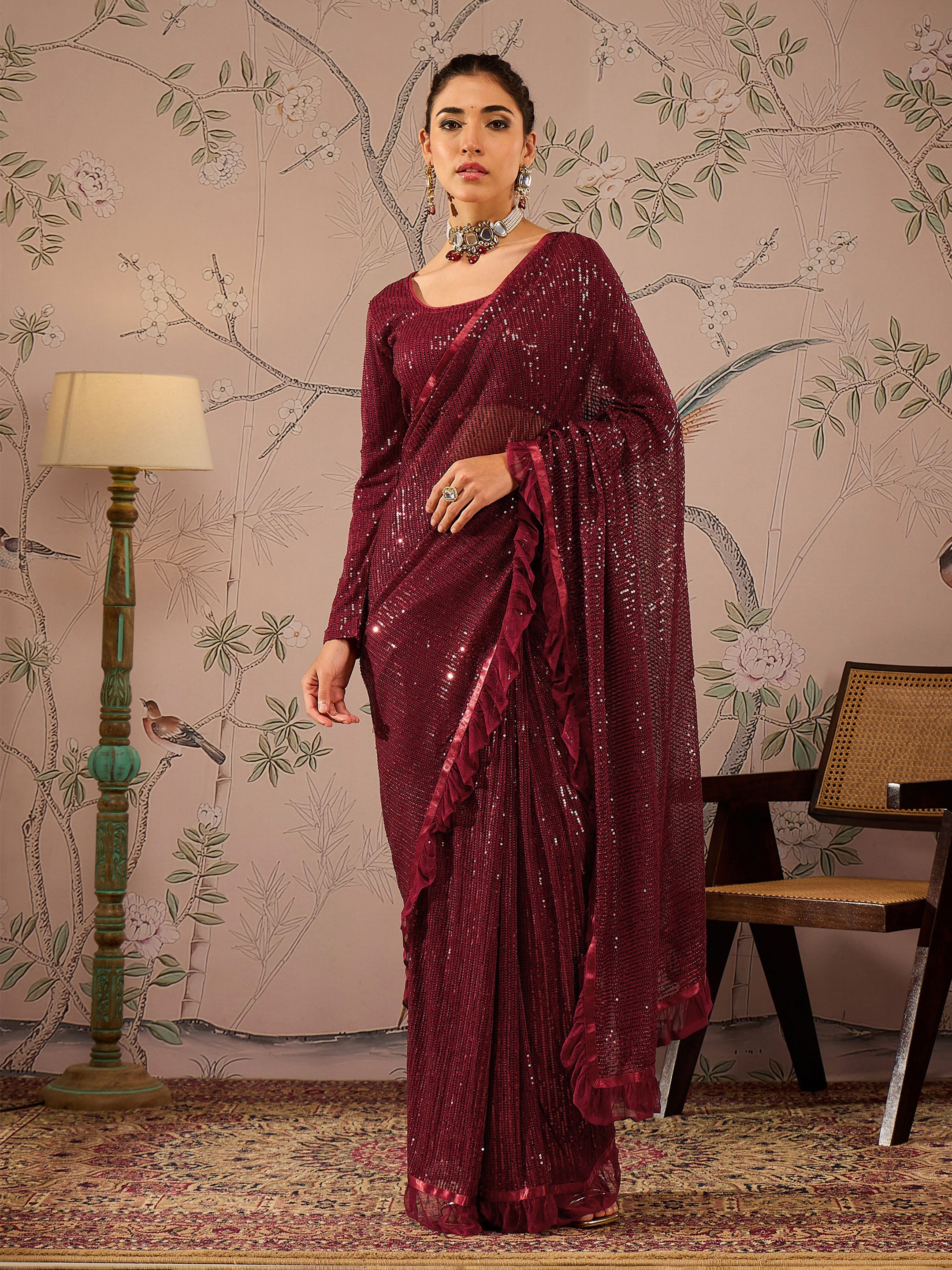 Women Maroon Sequins RTW Draped Saree With Unstitched Blouse-SHSAR19048