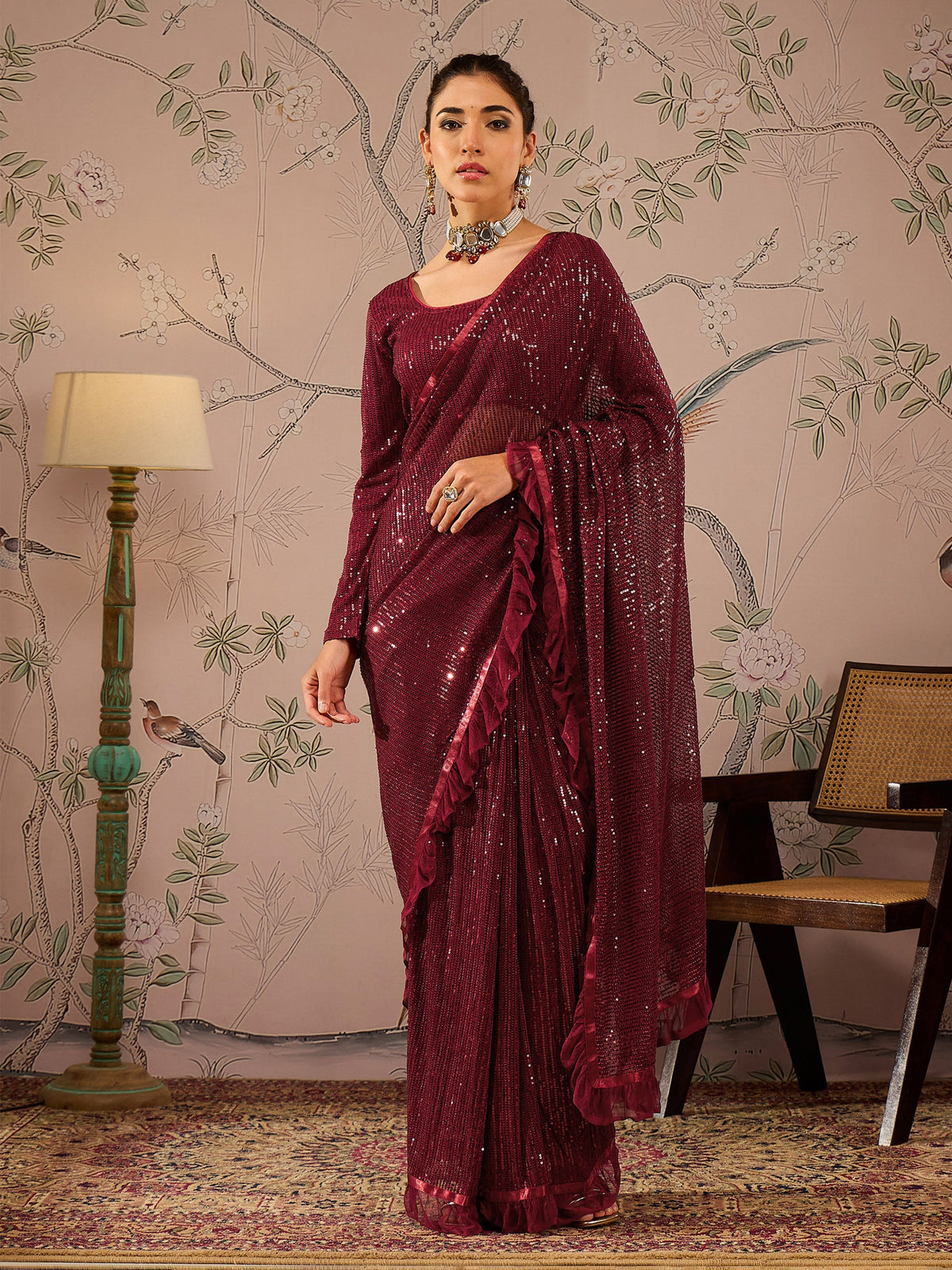 Women Maroon Sequins RTW Draped Saree With Unstitched Blouse-SHSAR19048