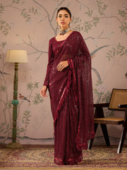 Women Maroon Sequins RTW Draped Saree With Unstitched Blouse-SHSAR19048
