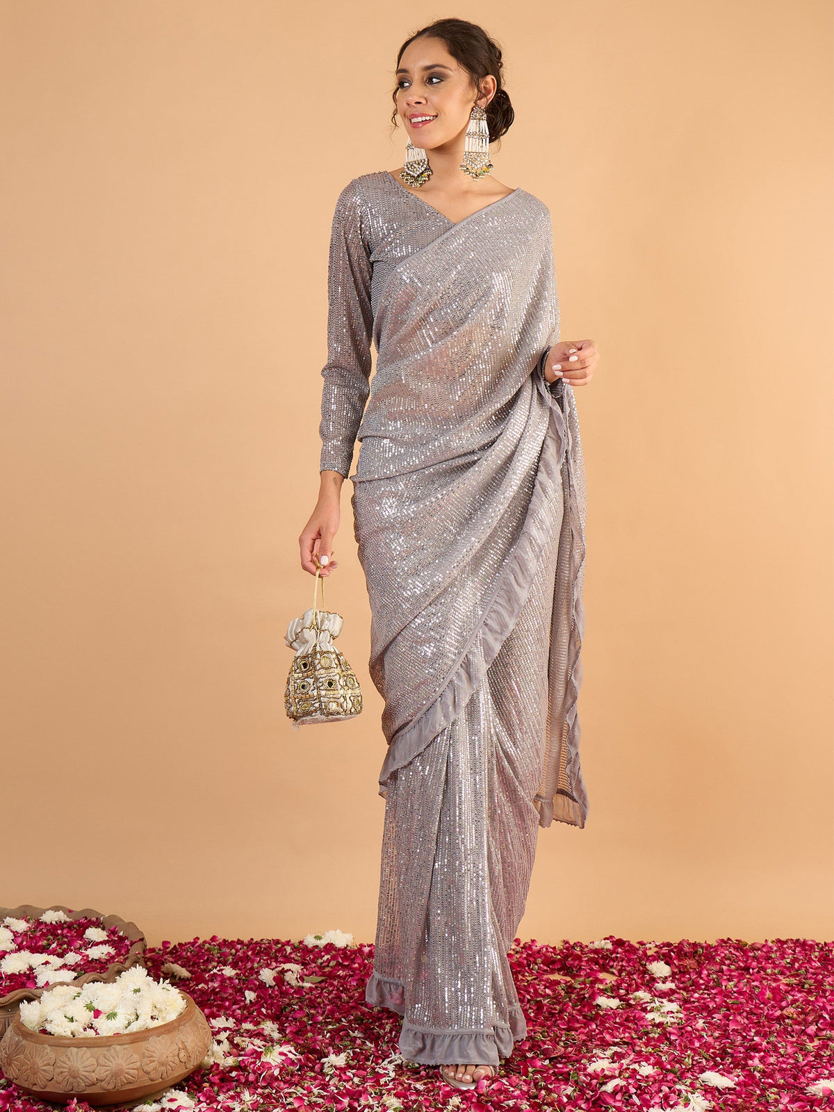 Women Grey Sequins RTW Draped Saree With Unstitched Blouse-SHSAR19049