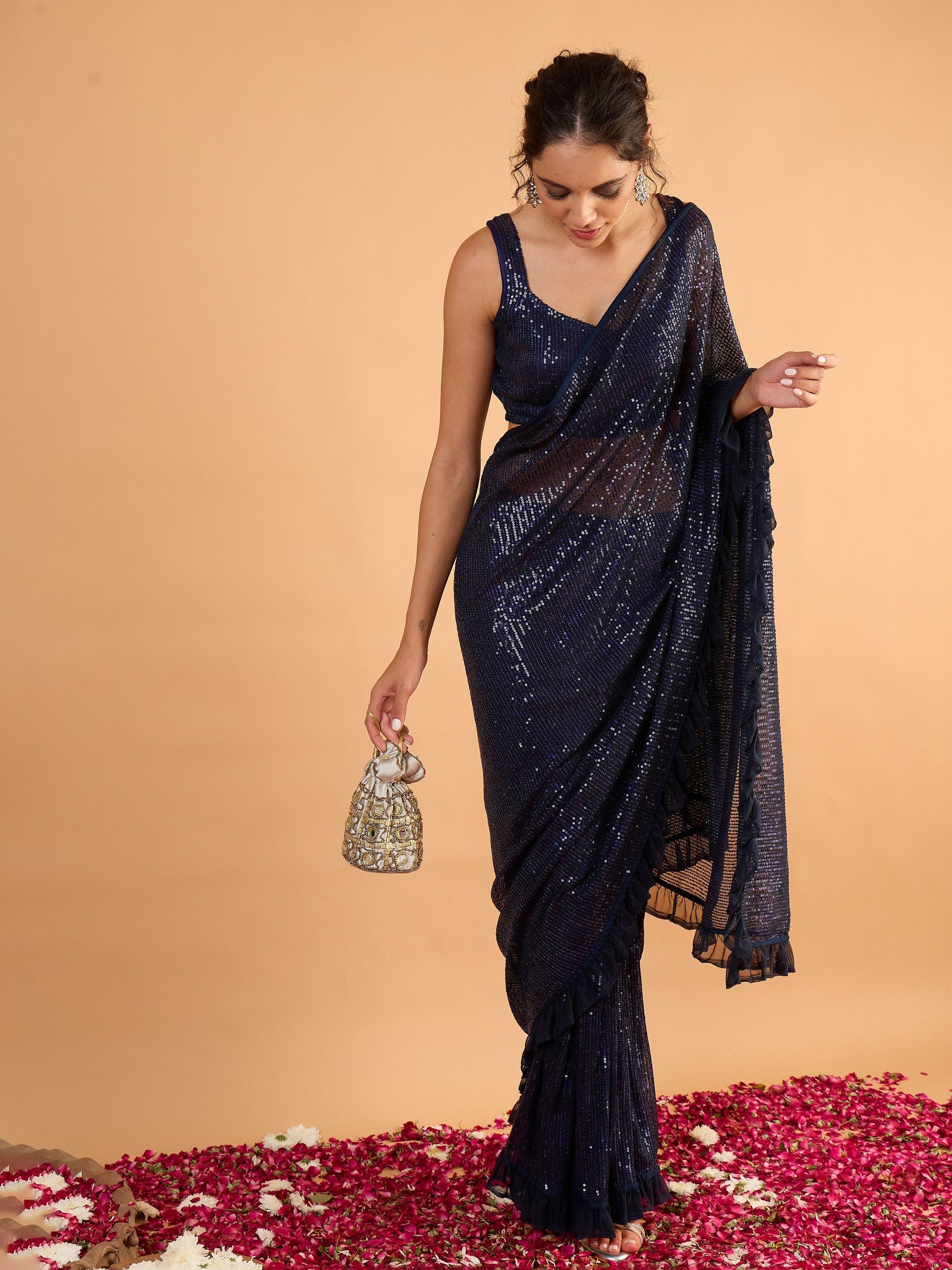 Women Navy Blue Sequins RTW Draped Saree With Unstitched Blouse-SHSAR19051