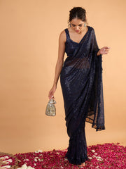 Women Navy Blue Sequins RTW Draped Saree With Unstitched Blouse-SHSAR19051