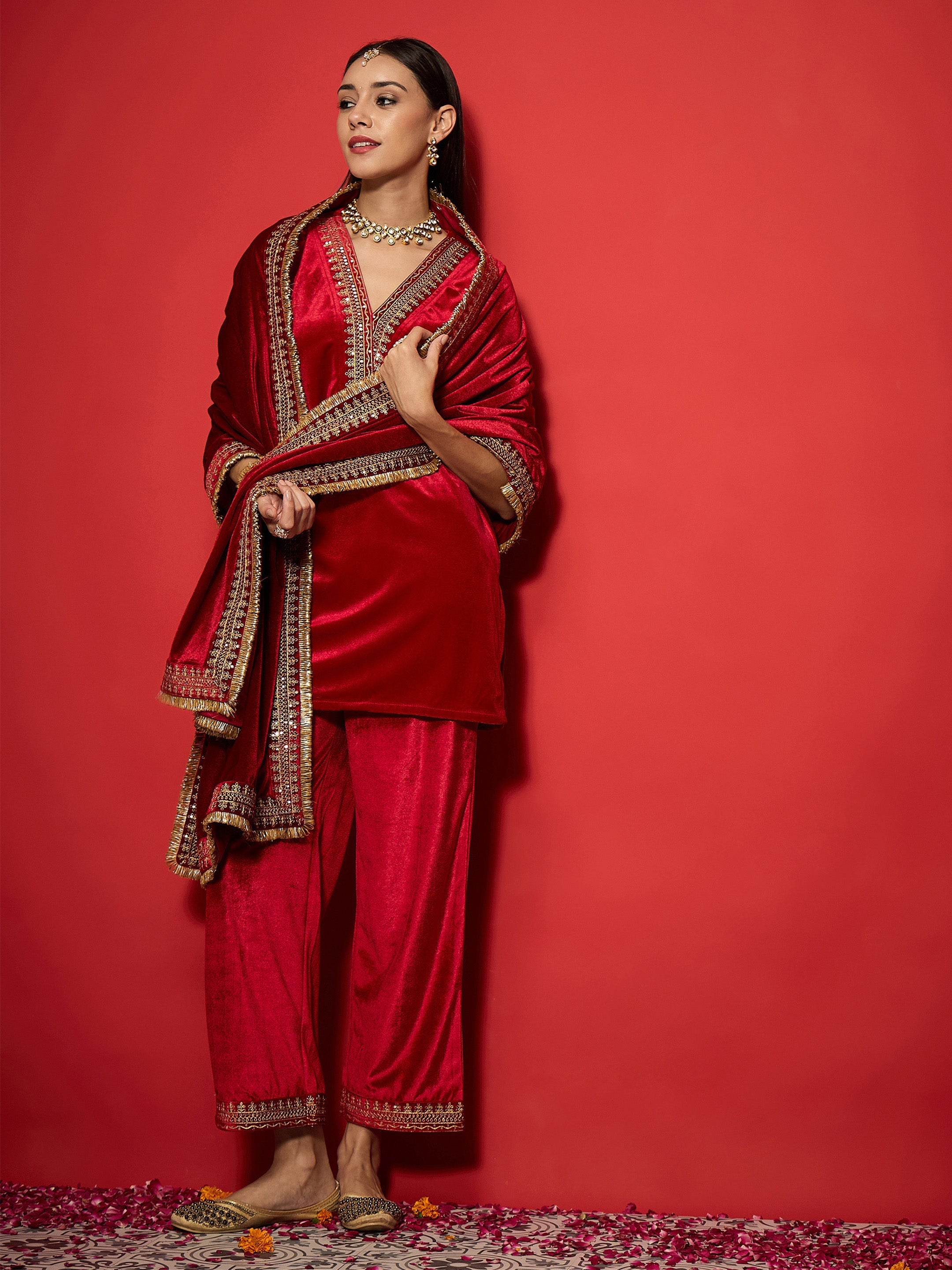 Women Red Velvet Embroidered Dushala-SHSCR99075