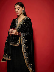 Women Black Velvet Embroidered Dushala-SHSCR99076