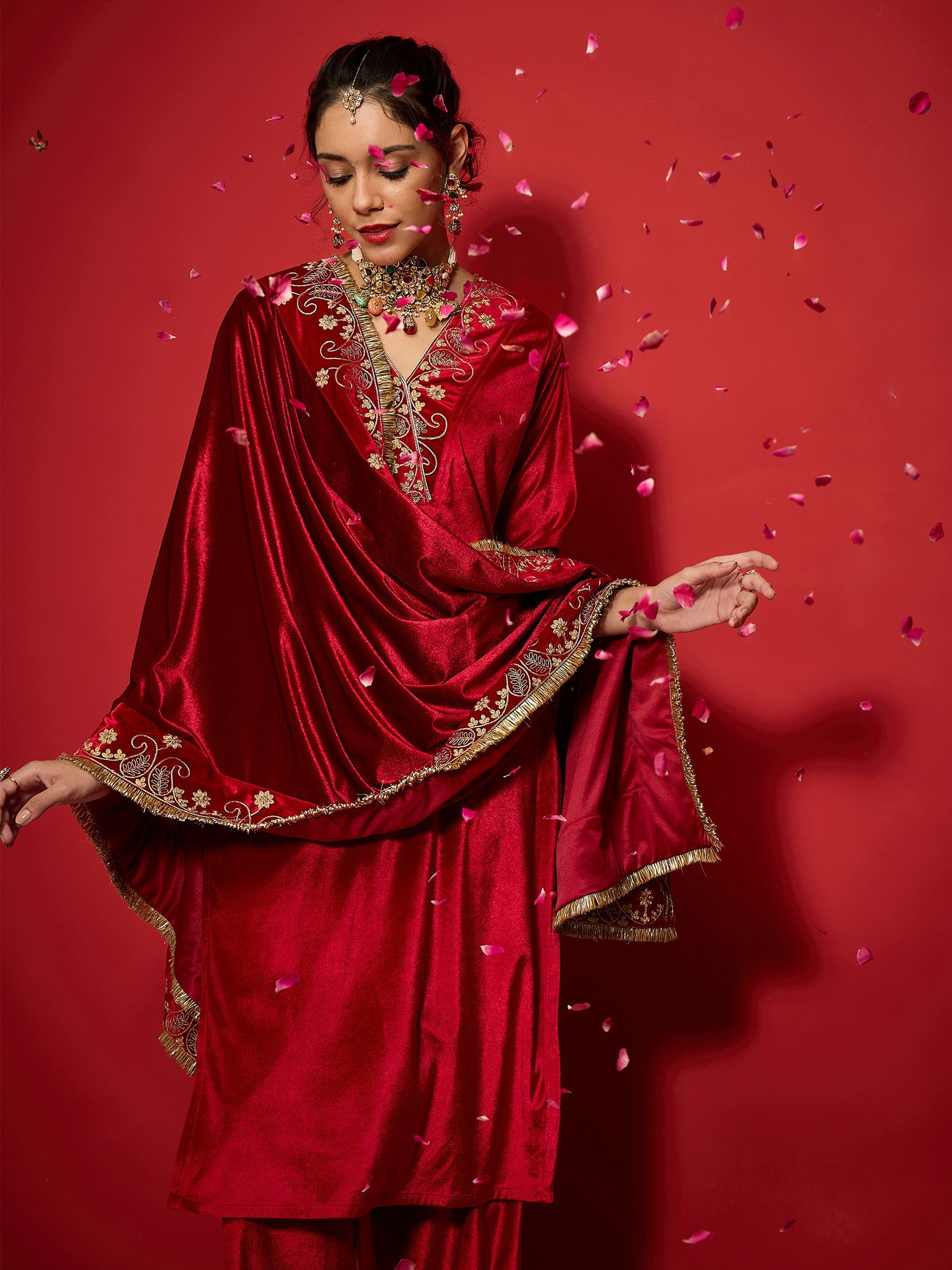 Women Red Velvet All Over Embroidered Dushala-SHSCR99078
