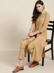 Beige Yoke Kurta With Floral Pencil Pants