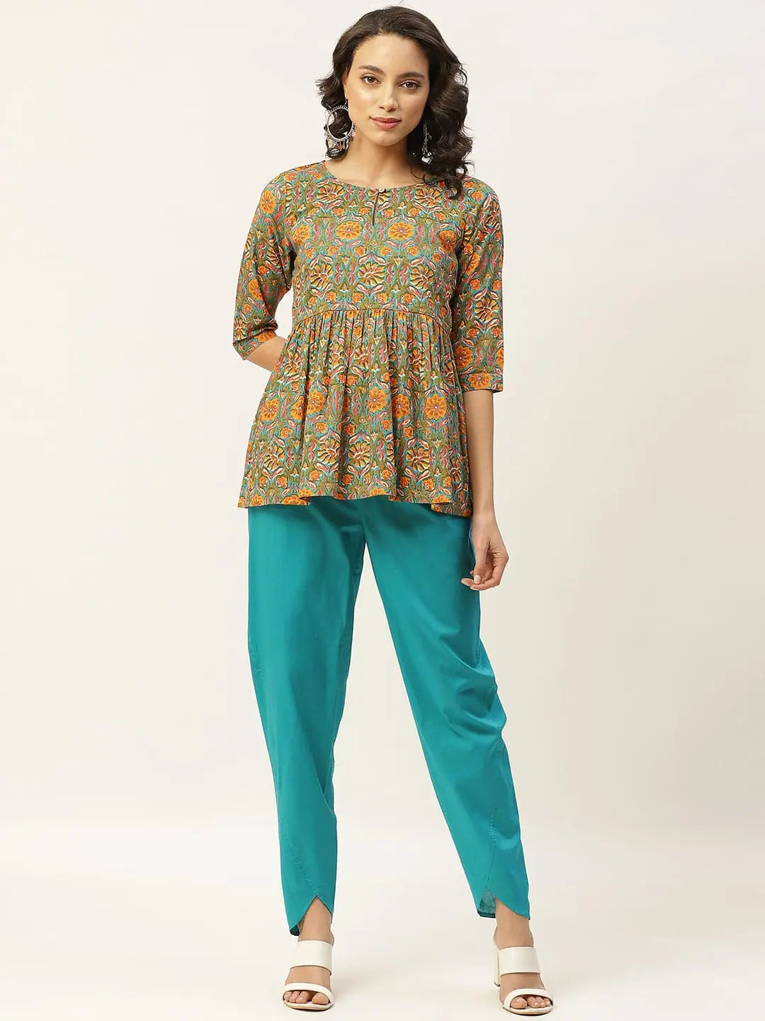 Teal Floral Kurta Sets: Peplum Top with Tulip Pants - Cotton