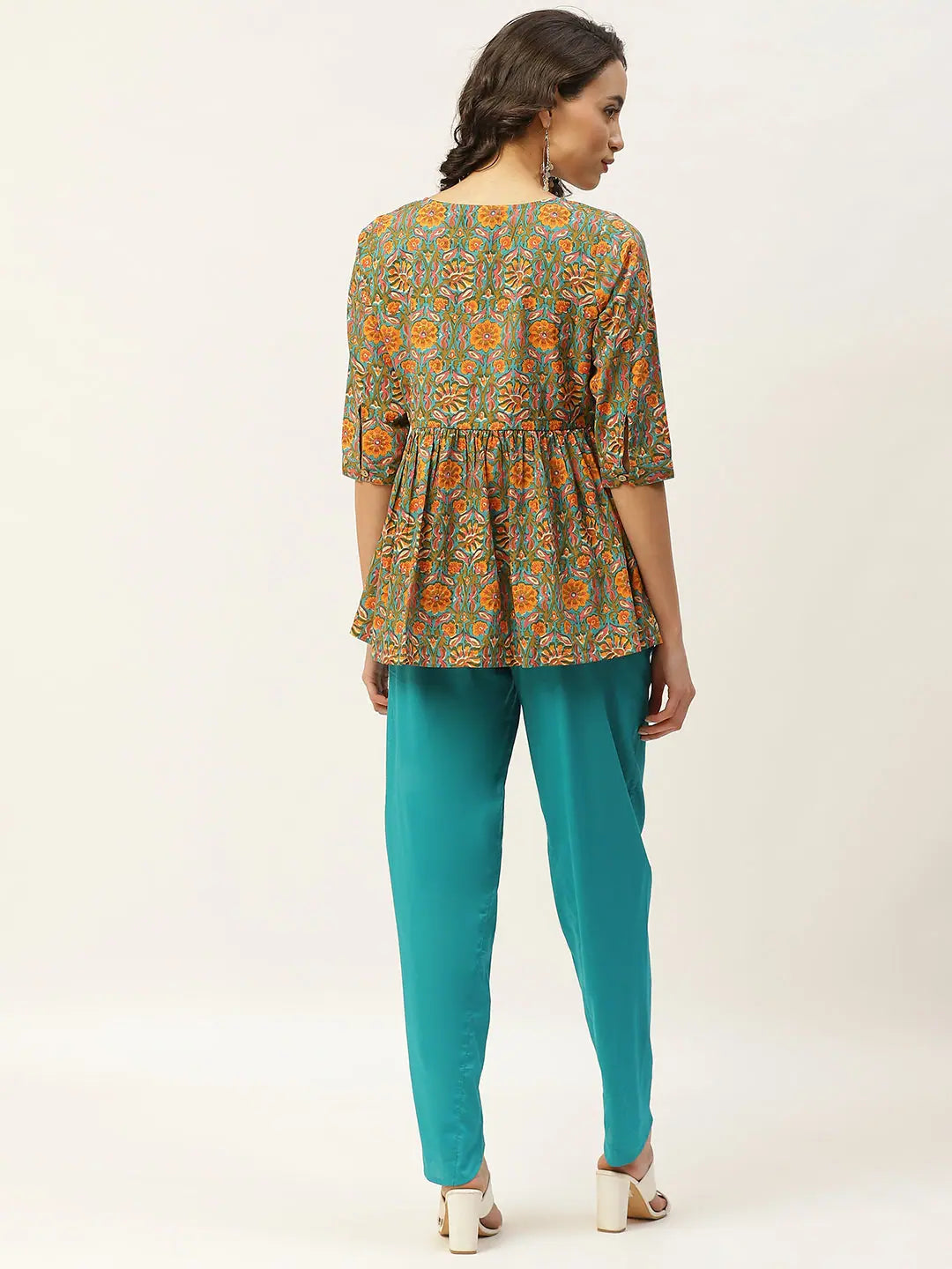 Teal Floral Kurta Sets: Peplum Top with Tulip Pants - Cotton