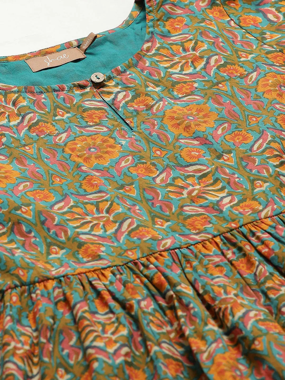 Teal Floral Kurta Sets: Peplum Top with Tulip Pants - Cotton