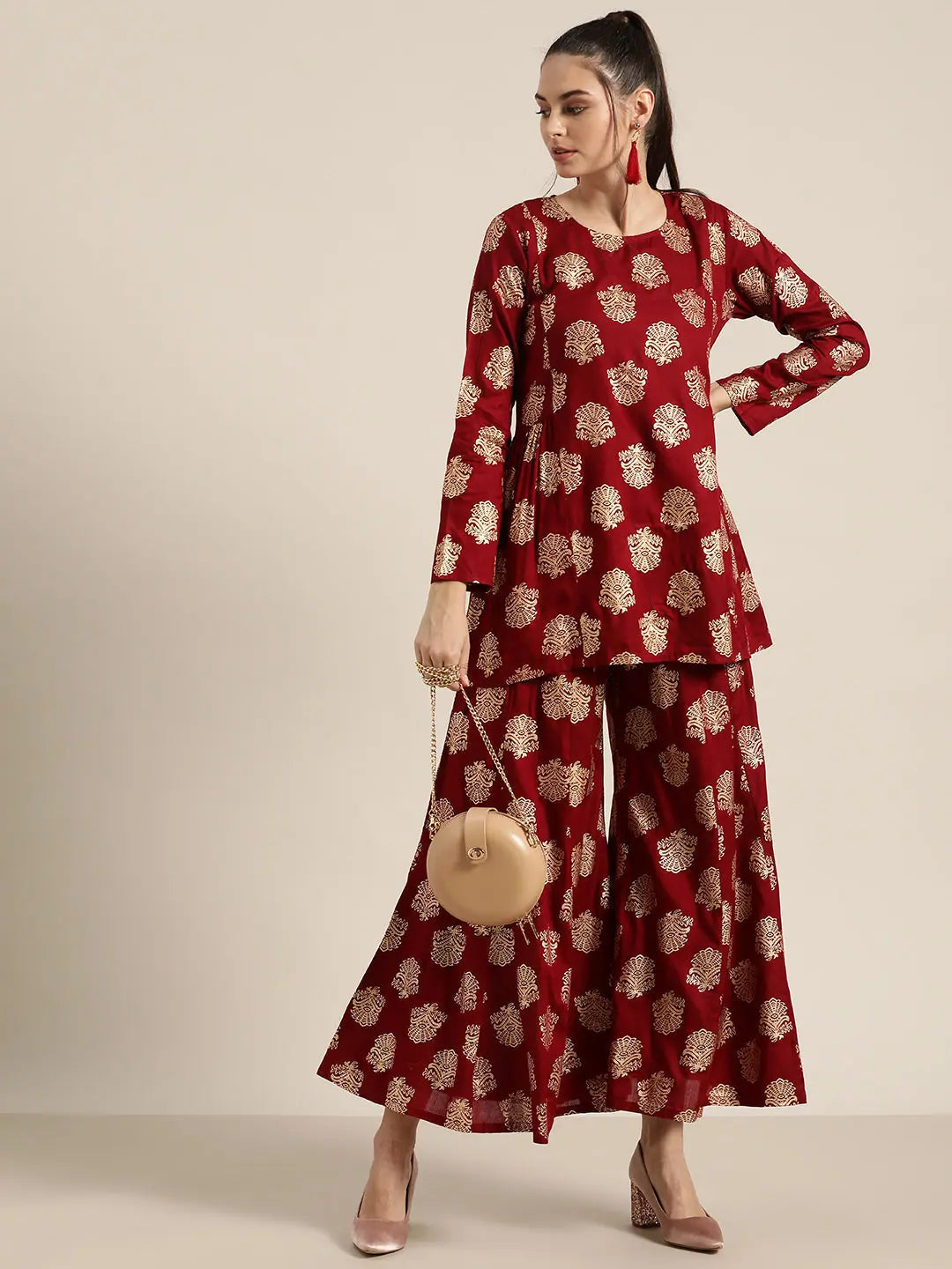 Chic Maroon Tunic Palazzo Set for Women | Foil Printed Rayon