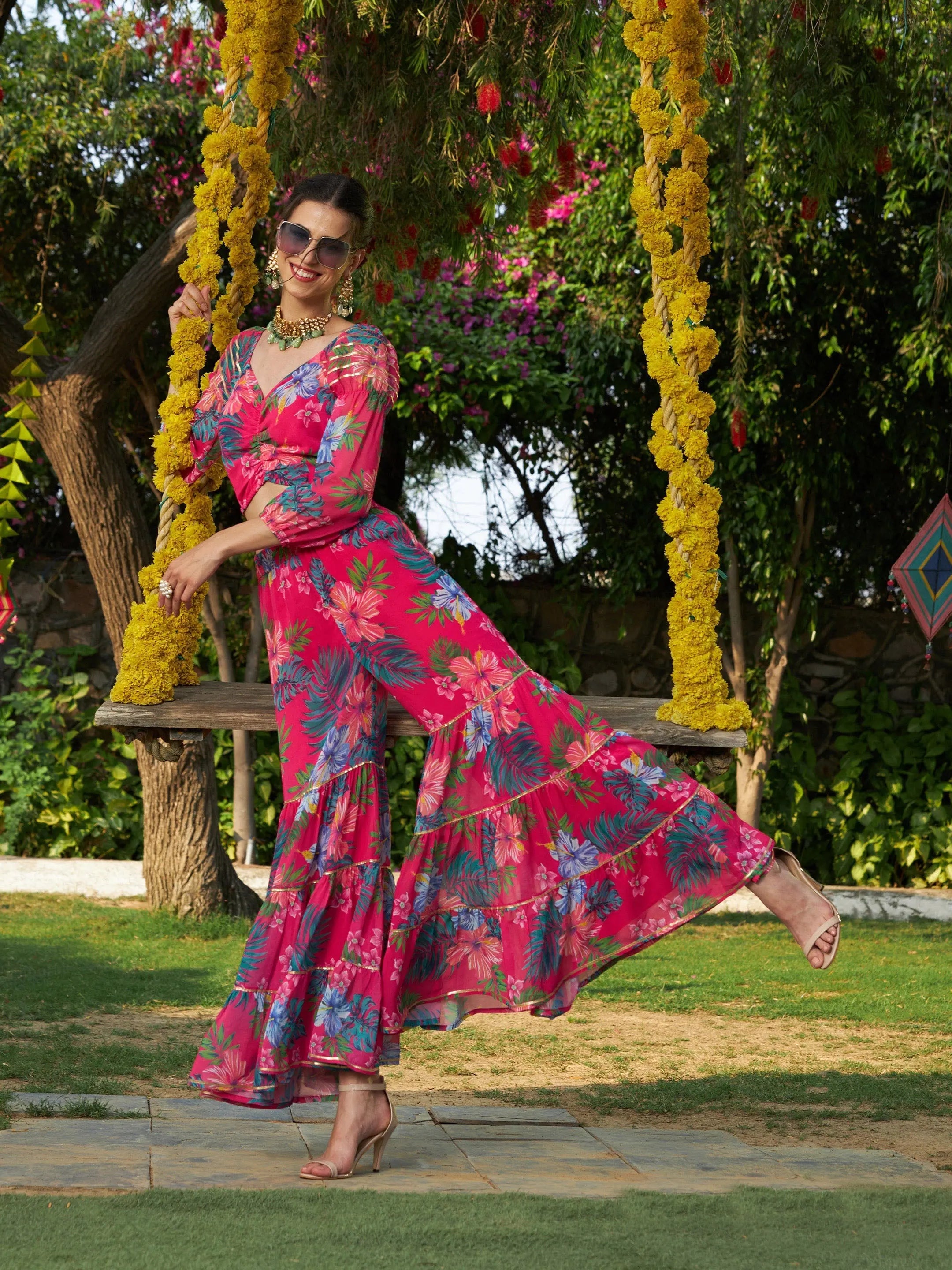 Pink Floral Jumpsuit Set | Georgette Tops & Shirts for Women