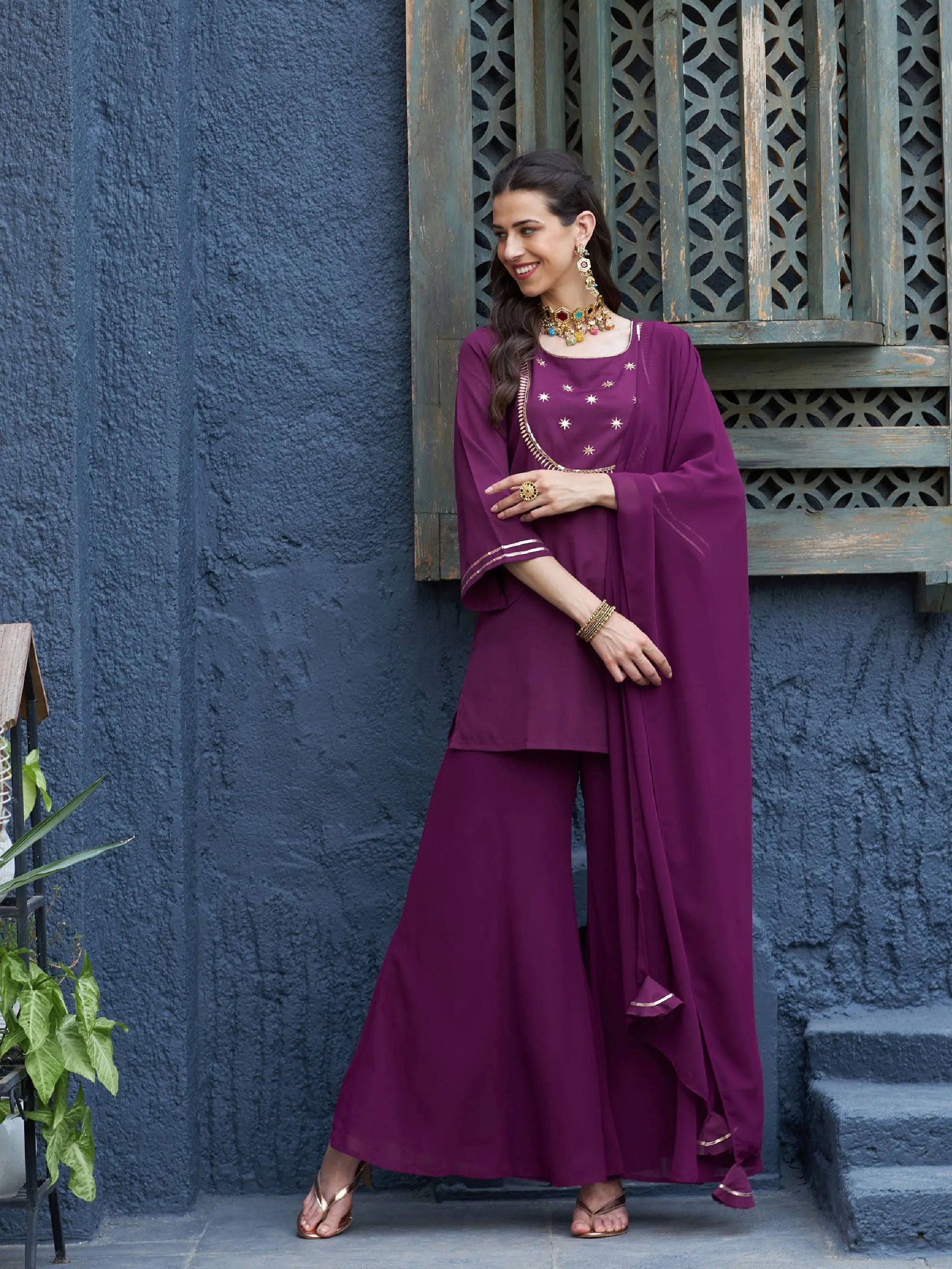 Burgundy Embroidered Kurta and Palazzo Set with Dupatta