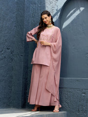 Women Baked Pink EmbShort Kurta With Palazzo And Dupatta