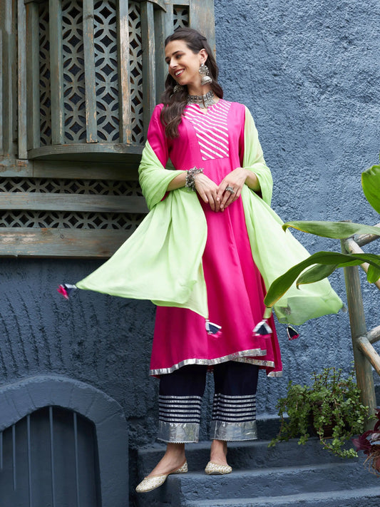 Women Fuchsia & Navy Gota Anarkali Kurta Set With Green Dupatta 2160