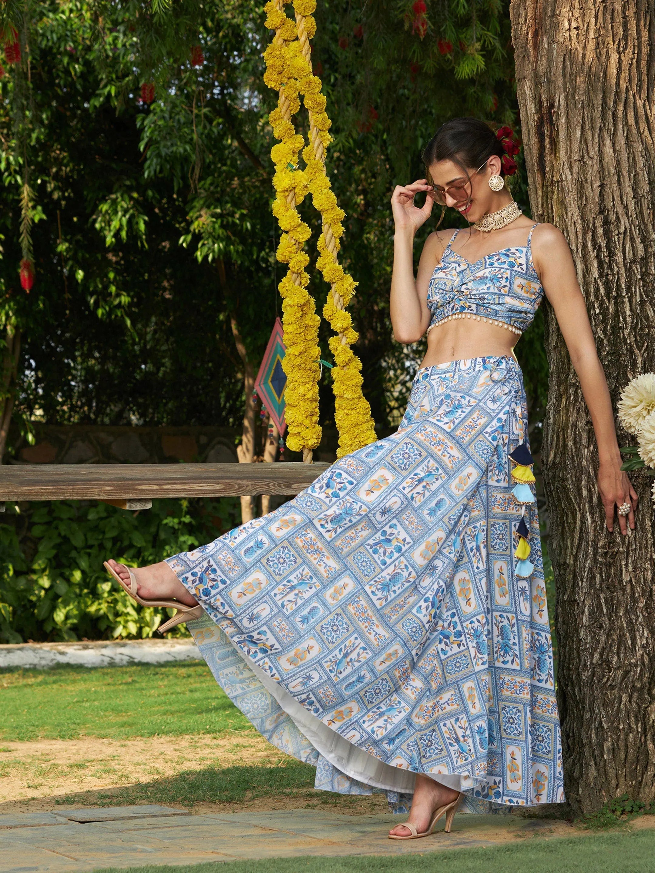 Blue Floral Crop Top & Skirt Set | Traditional Indian Lehenga