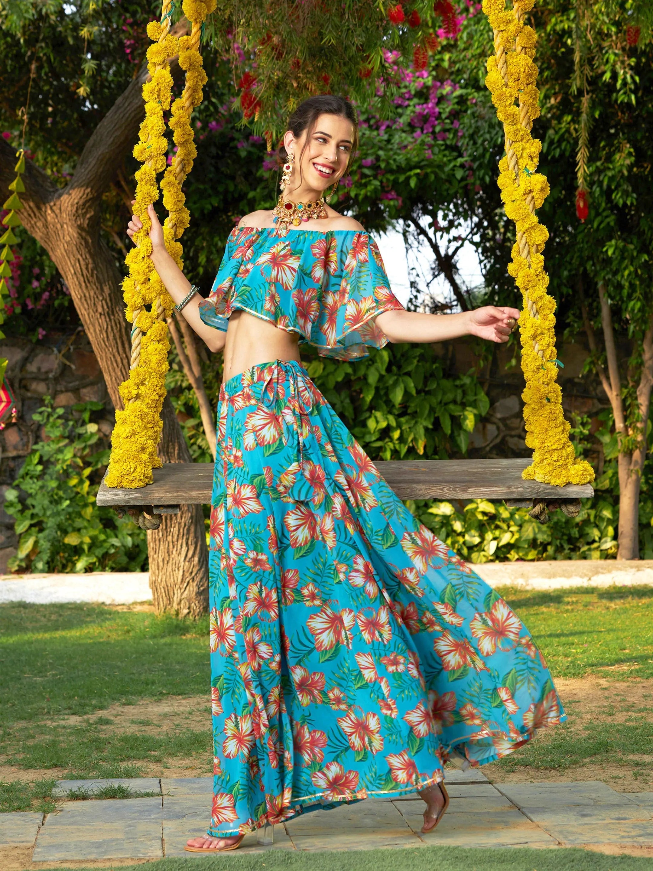 Teal Floral Crop Top with Anarkali Skirt | Wedding Lehenga