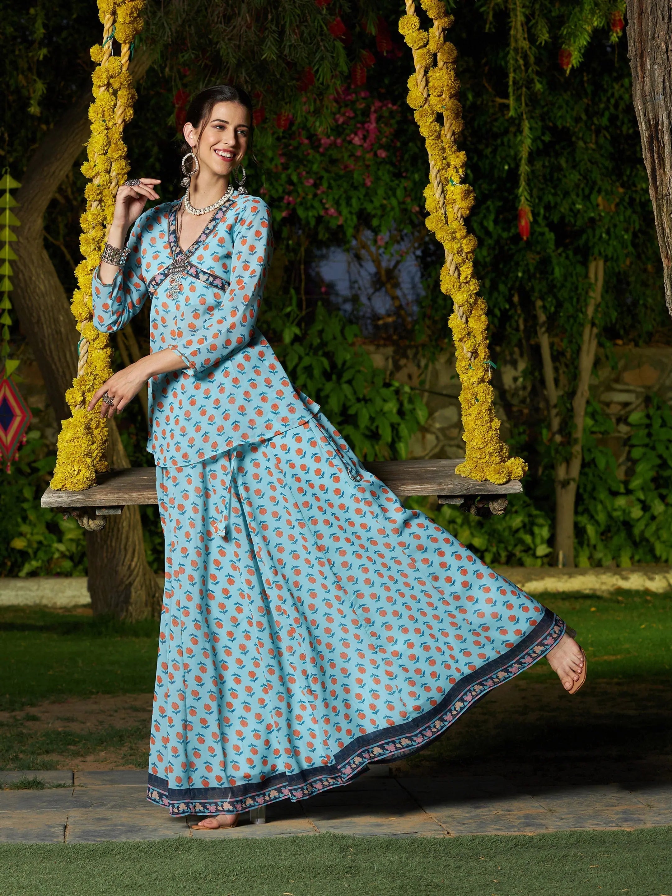 Blue Floral Peplum Top with Anarkali Skirt | Ethnic Lehenga