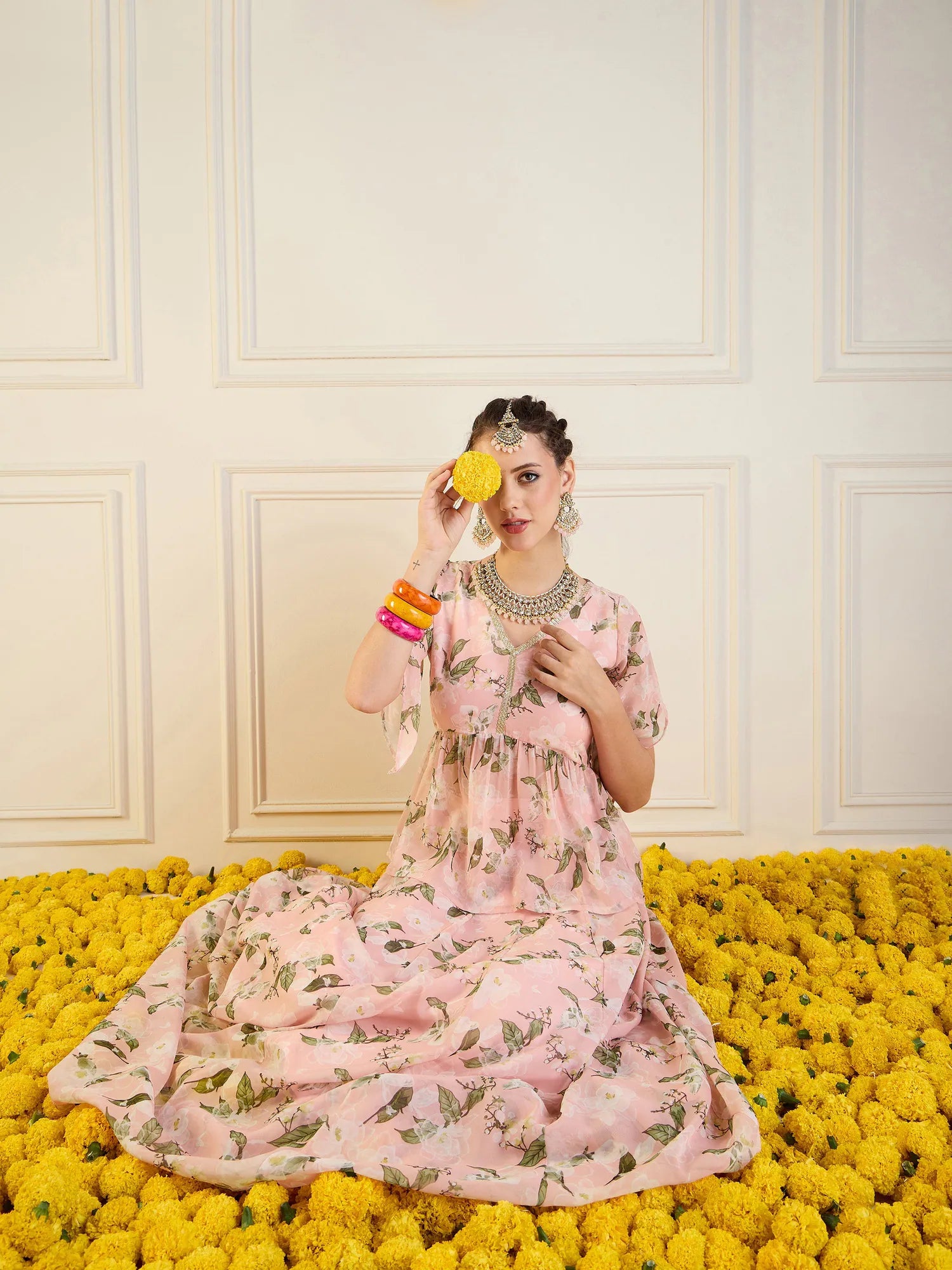 Peach Floral Anarkali Skirt & Peplum Top | Designer Lehenga