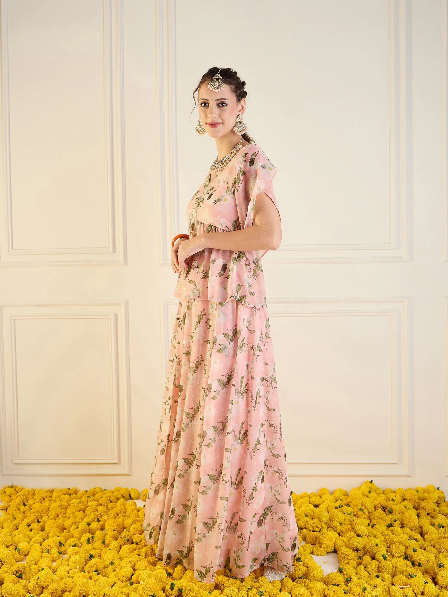 Peach Floral Anarkali Skirt & Peplum Top | Designer Lehenga