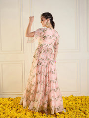 Women Peach Floral Anarkali Skirt With Peplum Top-SHSET95934